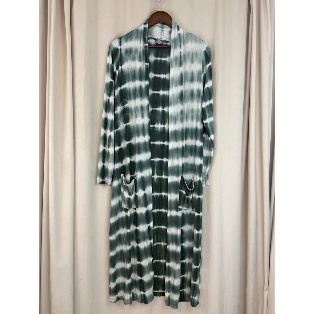 Lisa Rinna Collection Open Front Tie-Dye Duster Cardigan Teal Green/White-Small